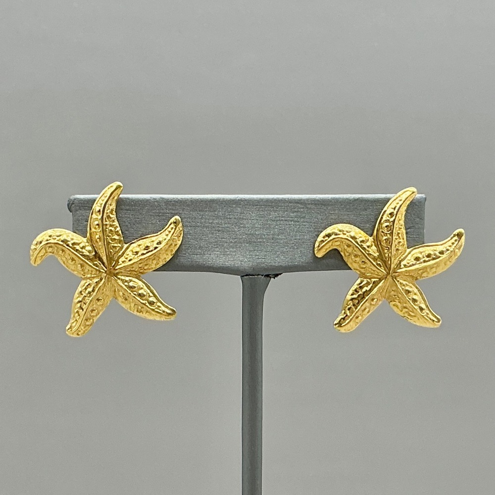Starfish Earrings Womens Gold Tone Textured Nautical Beach Coastal Studs 1 Inch